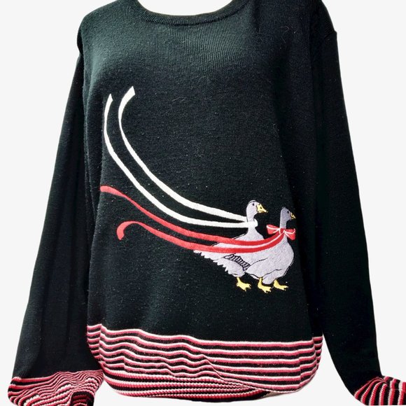 Vintage 1960s Duck Sweater Thin Knit Ducks w Ribbo - Picture 1 of 16